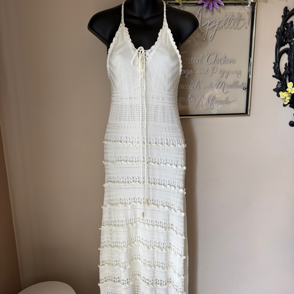White crochet knit maxi dress